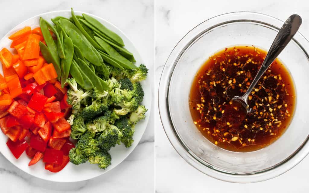 Peppers, snow peas and broccoli on a plate. Stir-fry sauce in a small bowl.