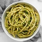 Vegan avocado pasta in a bowl.