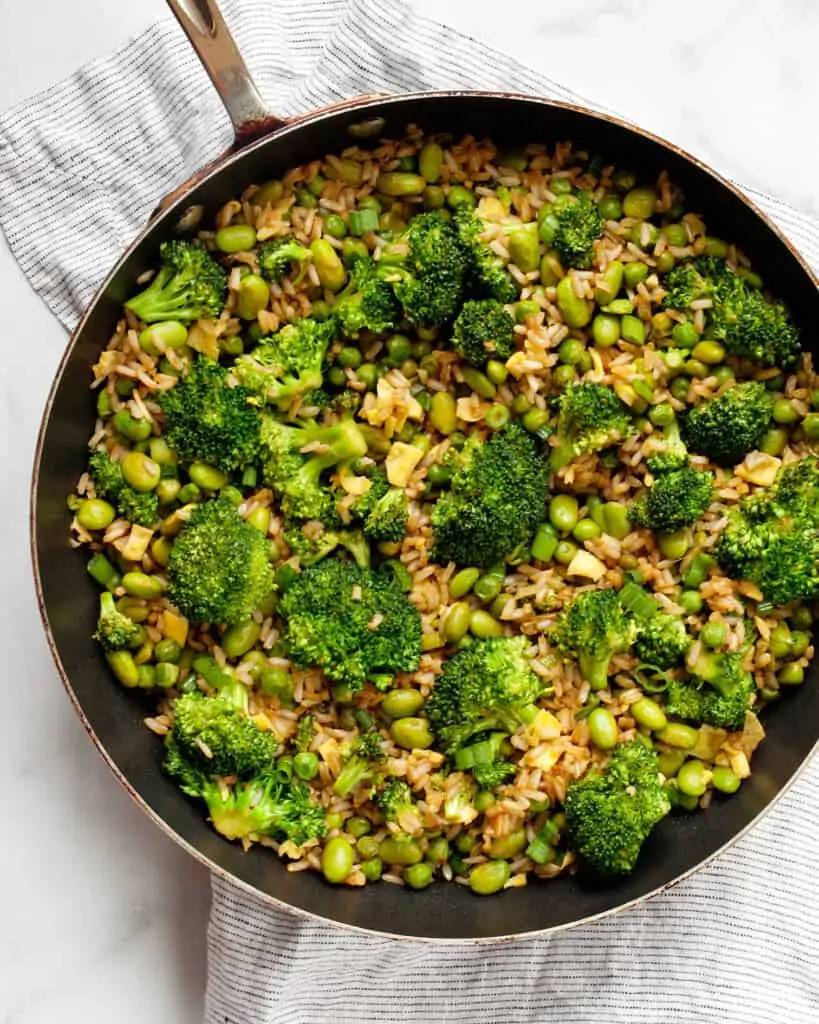 Broccoli fried rice in a skillet