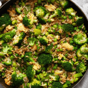 Broccoli fried rice in a skillet.