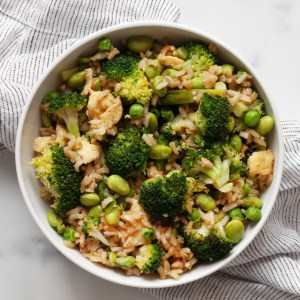 Broccoli fried rice in a bowl.