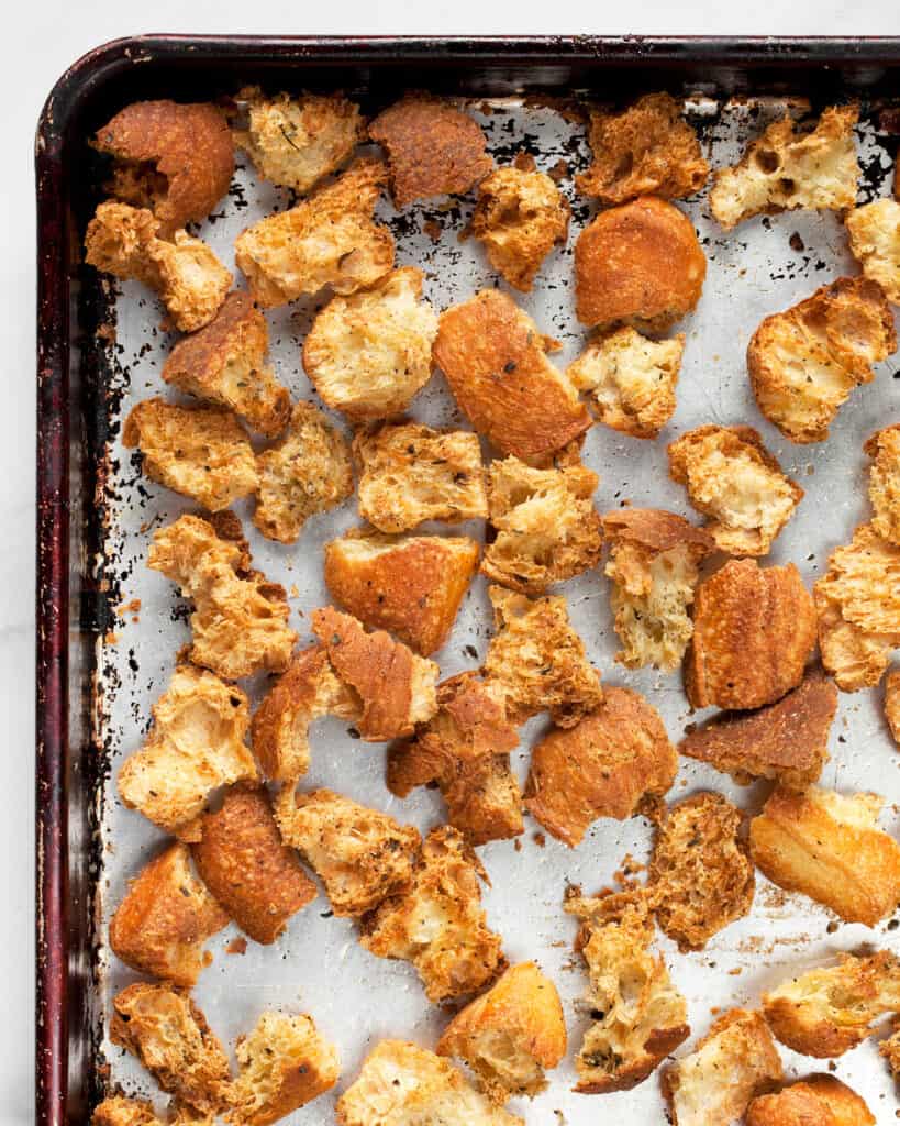 Toasted croutons on sheet pan
