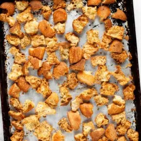 Homemade croutons on a sheet pan