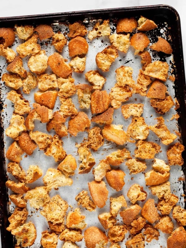 Homemade croutons on a sheet pan