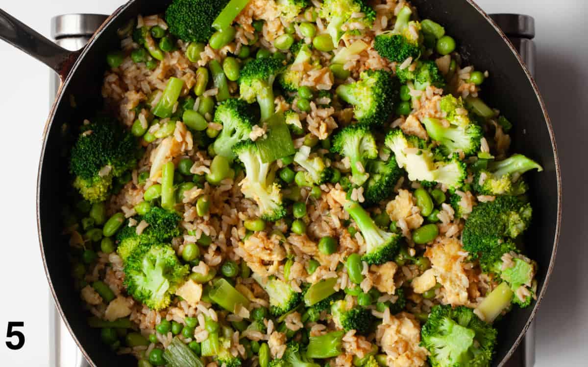 Broccoli, peas and edamame stirred into rice.
