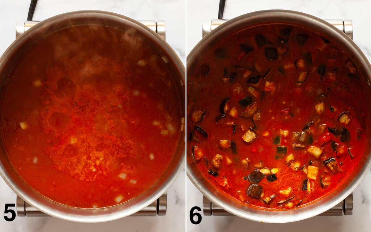 Stew simmering in a large pot. Roasted eggplant, zucchini and chickpeas stirred into stew.