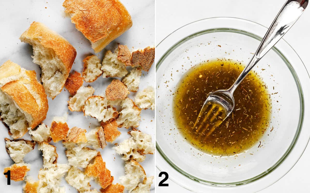 Pieces of torn bread. Bowl of olive oil mixed with dried seasonings.