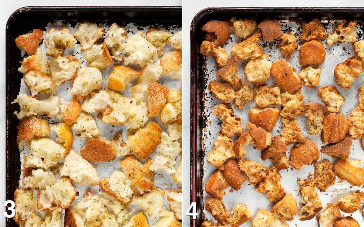 Bread pieces on a sheet pan. Baked croutons on the pan.