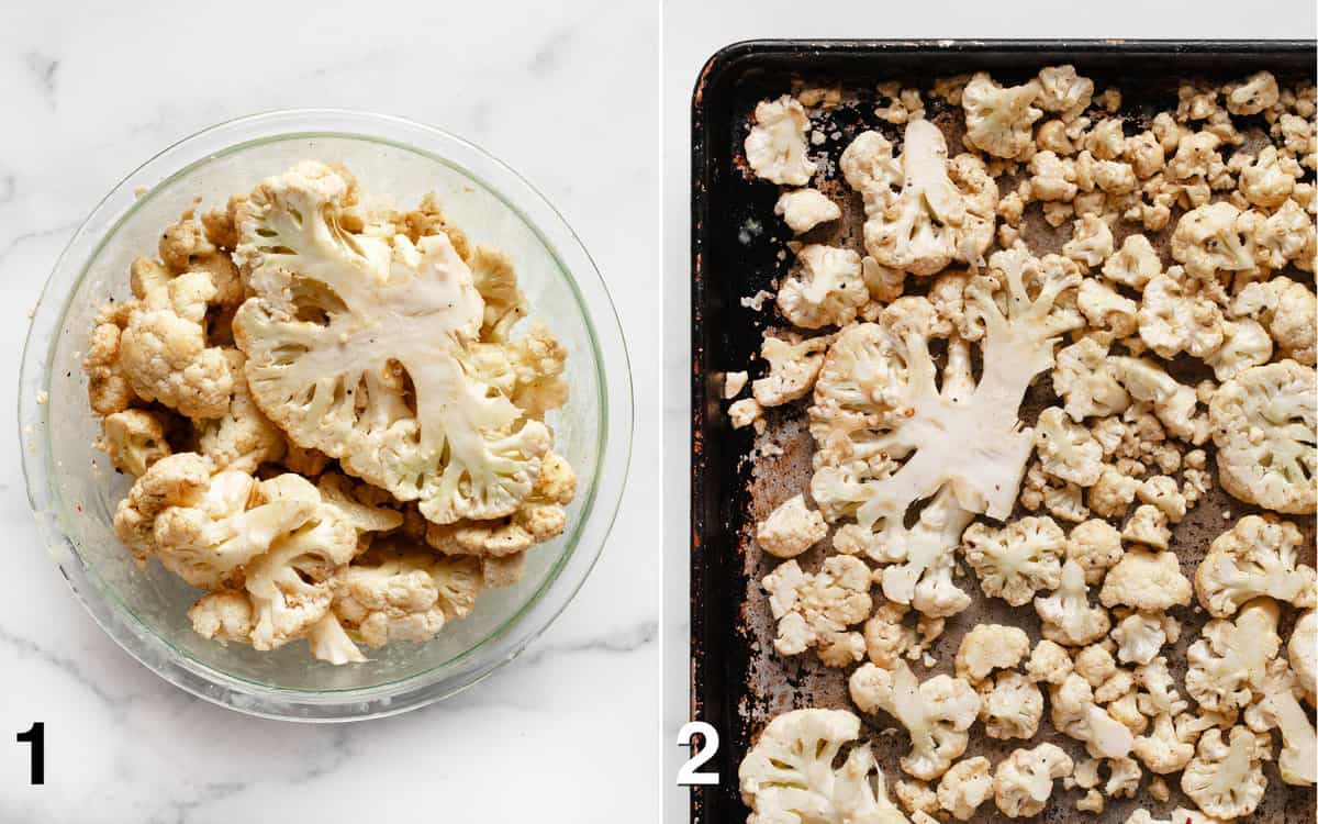 Marinated cauliflower in a large bowl. Cauliflower spread across sheet pan before it is roasted.