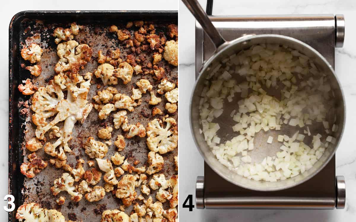 Roasted cauliflower on baking sheet. Onions sautéing in soup pot.