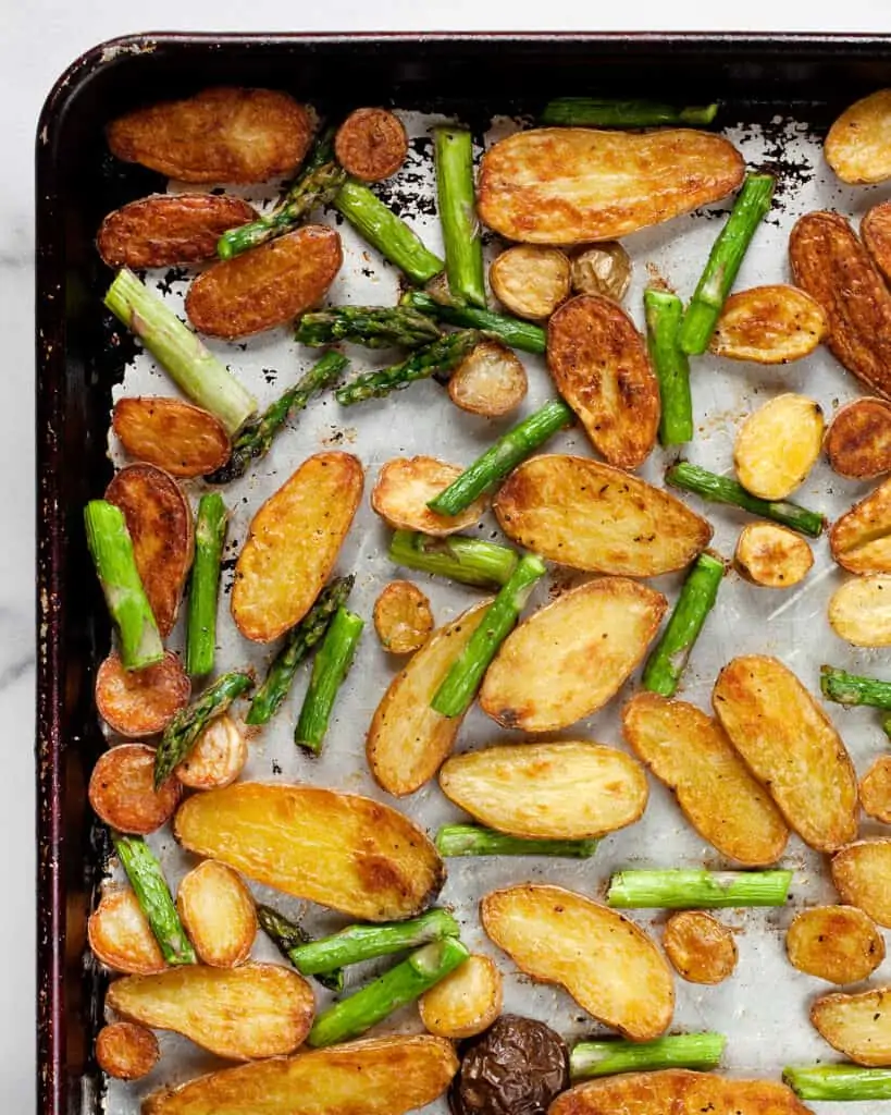 Roasted potatoes and asparagus on a sheet pan