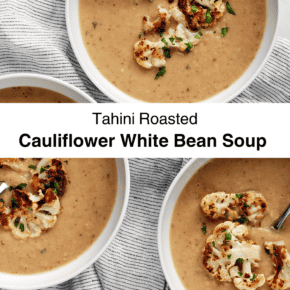 Three bowls of vegan cauliflower soup.