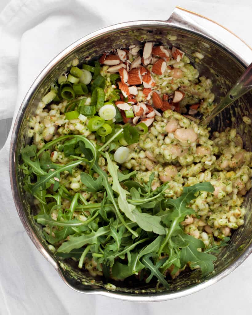 Stir the arugula, almonds and scallions into the barley