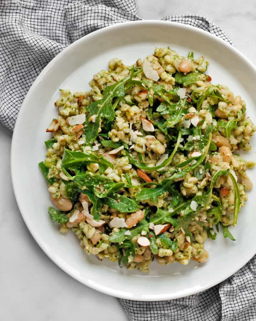 Barley with arugula pesto and white beans