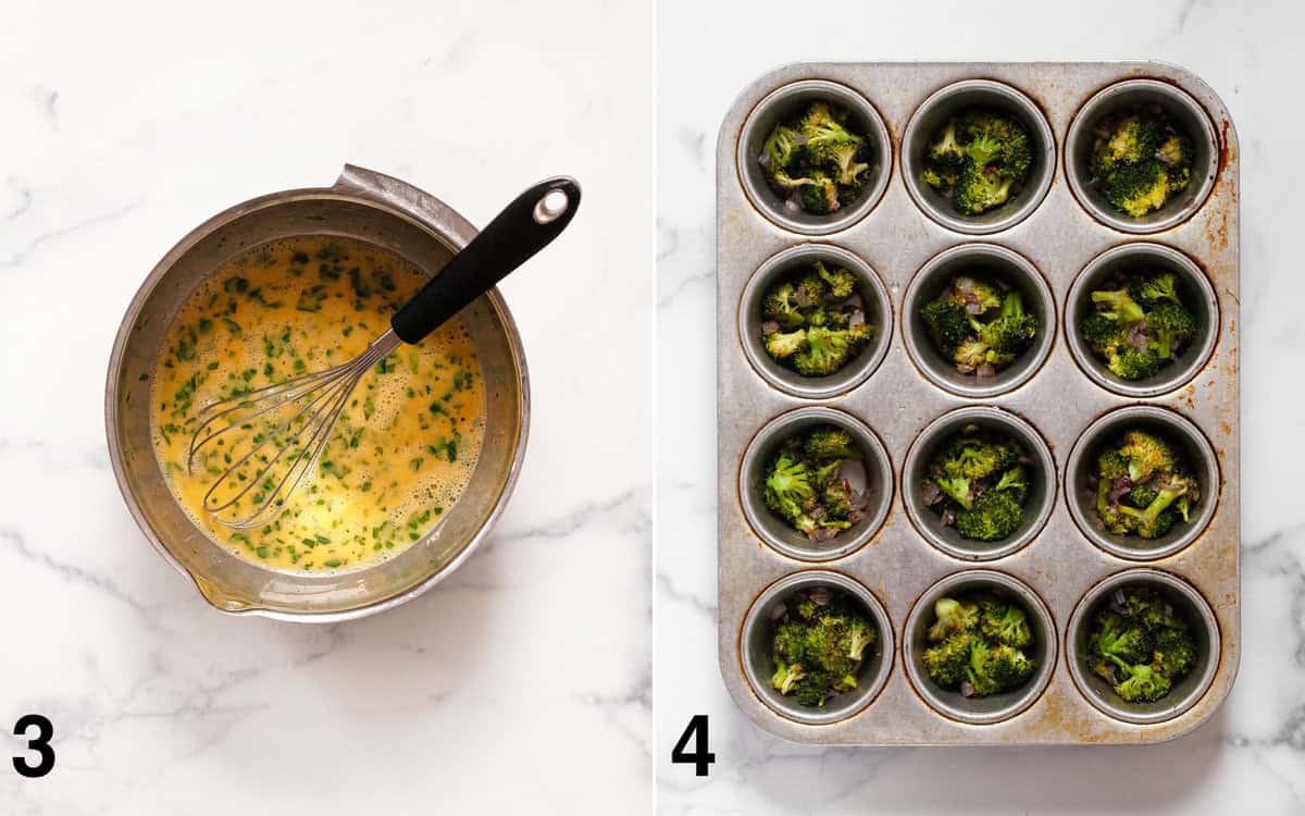 Egg mixture whisked in a bowl. Roasted broccoli and onions in muffin cups.