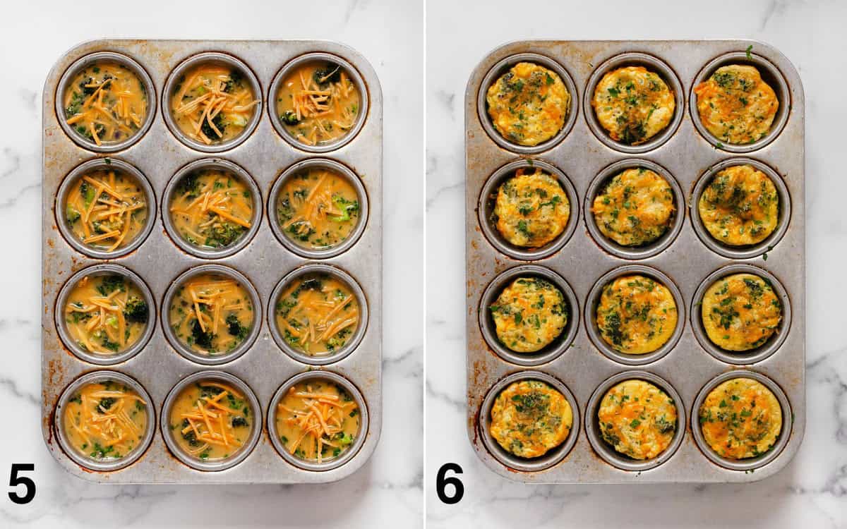 Broccoli frittatas in a muffin pan before and after they bake.