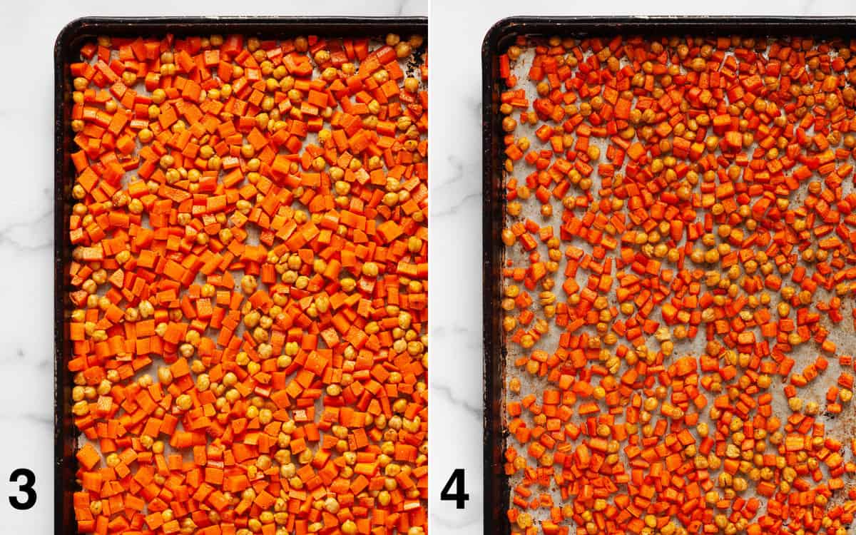 Carrots and chickpeas on a sheet pan before and after they roast.