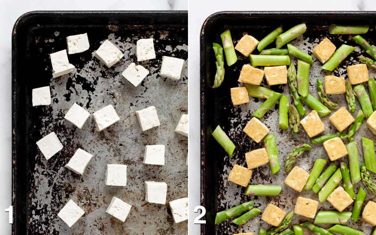 Tofu cubes on a sheet pan. Asparagus added to the pan.