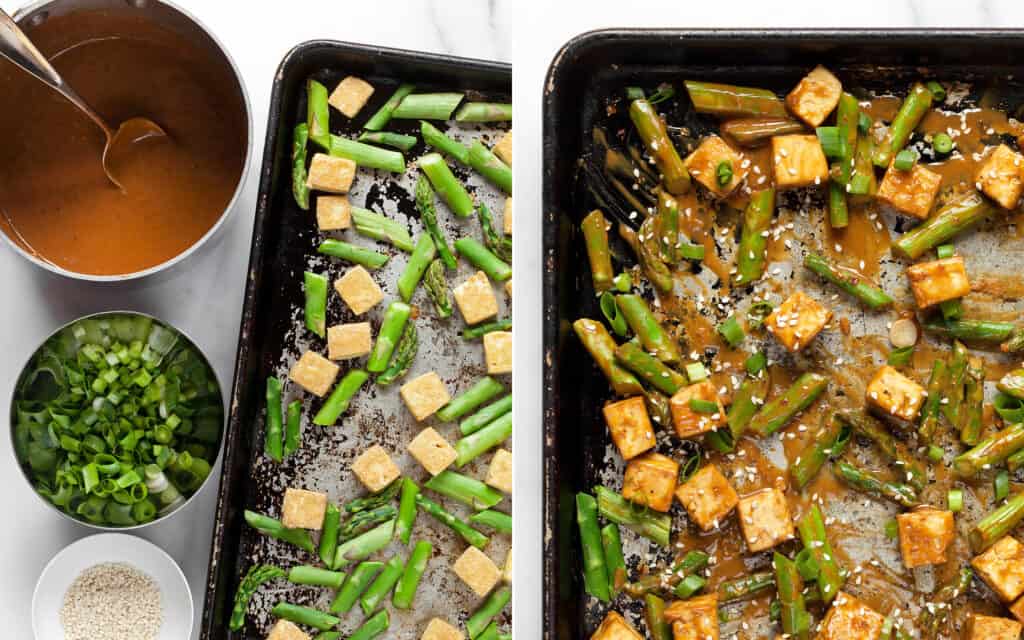 Spoon the sesame sauce onto the tofu and asparagus on the sheet pan.