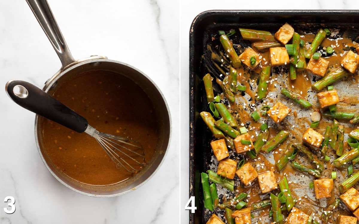 Sauce in a small pot. Roasted asparagus and tofu tossed in sesame sauce on a sheet pan.