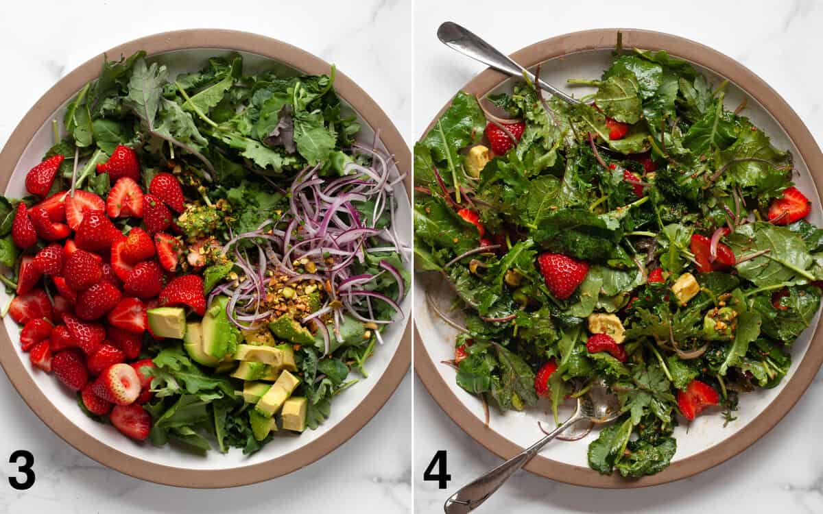 Salad ingredients assembled in a large bowl. Salad tossed in vinaigrette.