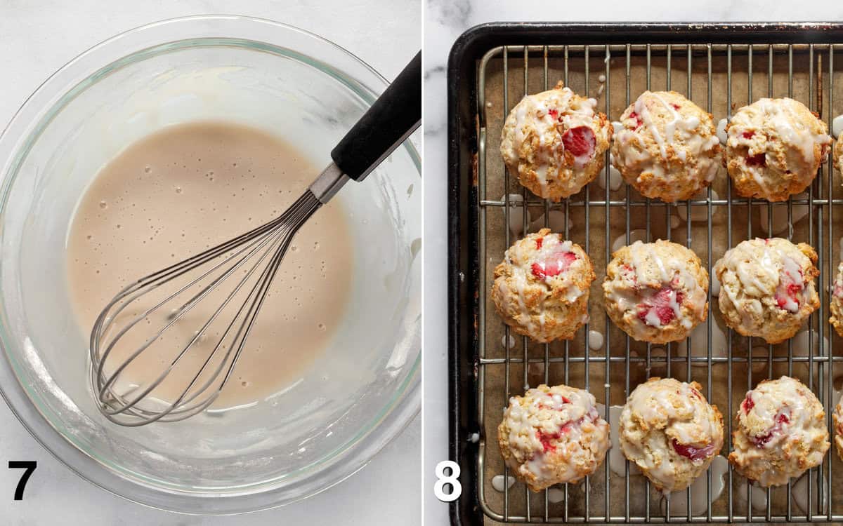 Make the almond glaze and drizzle it over the baked scones.