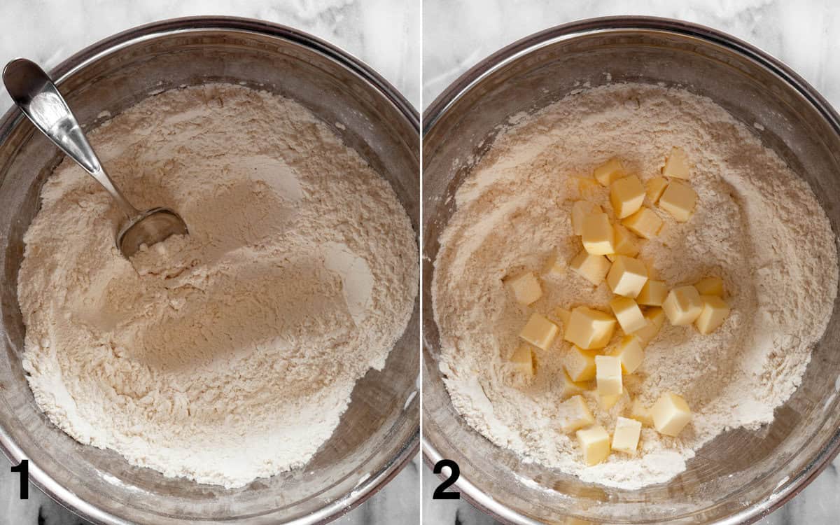 Dry ingredients mixed together in a bowl. Cubed butter stirred into flour mixture.