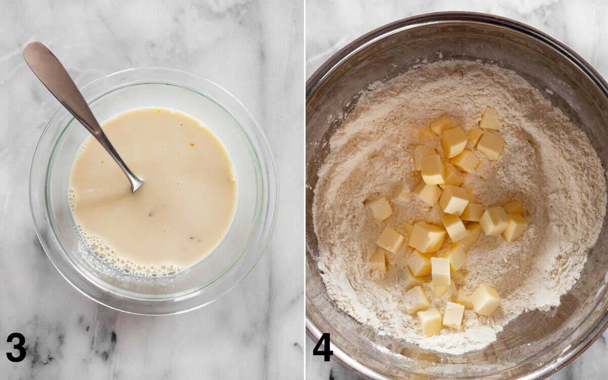 Whisk the wet ingredients in a small bowl. Then cut the butter into the flour mixture.