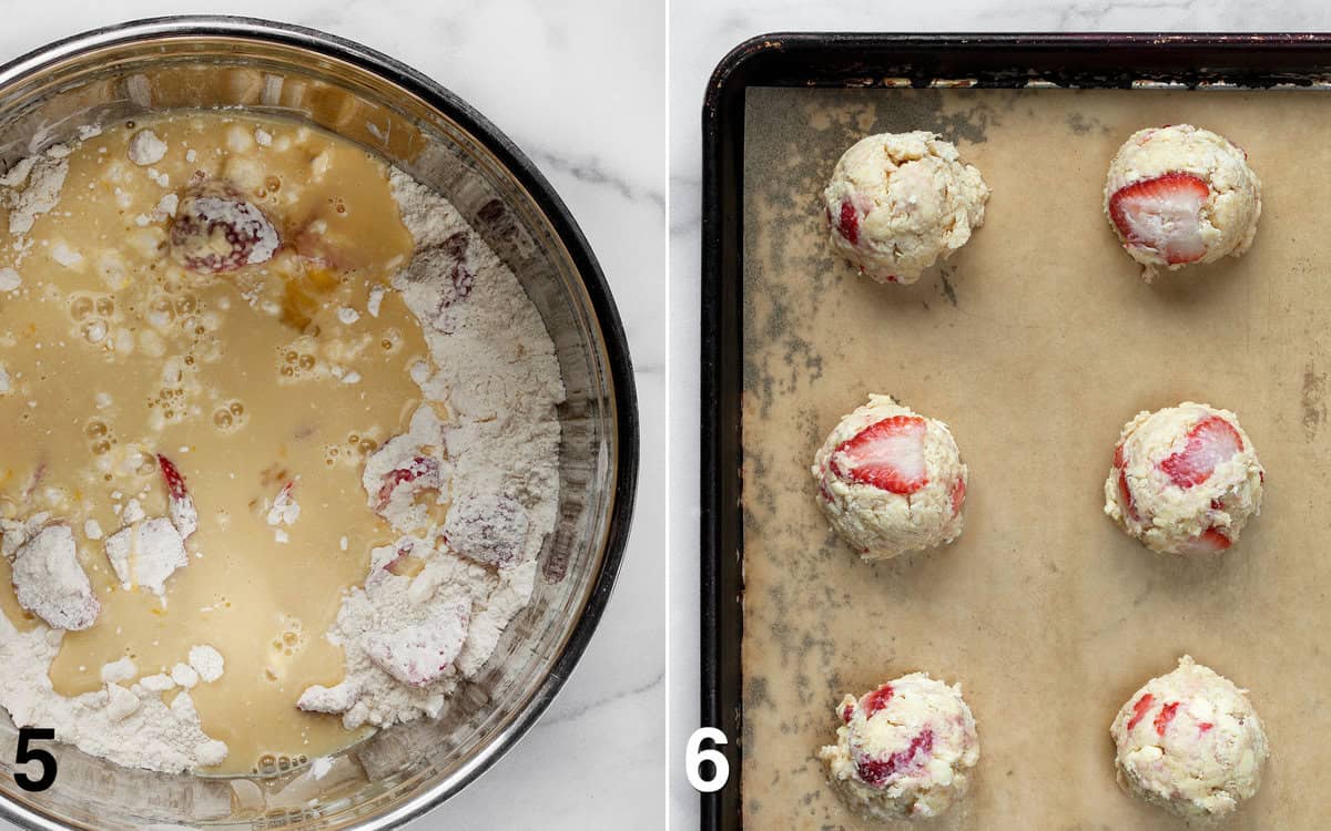 pour the wet ingredients into the dry ingredients and stir in the strawberries. Scoop the dough onto a lines sheet pan.