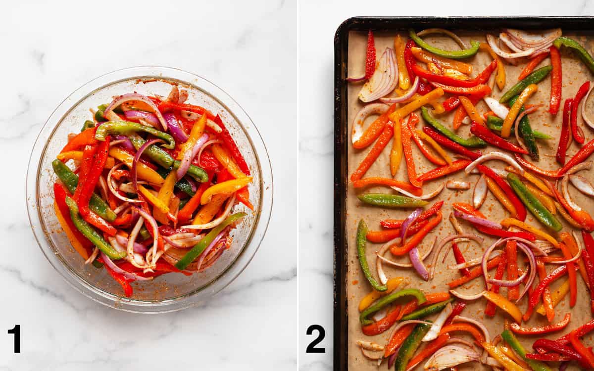Peppers and onions in a bowl marinating. Veggies spread across a sheet pan before they roast.