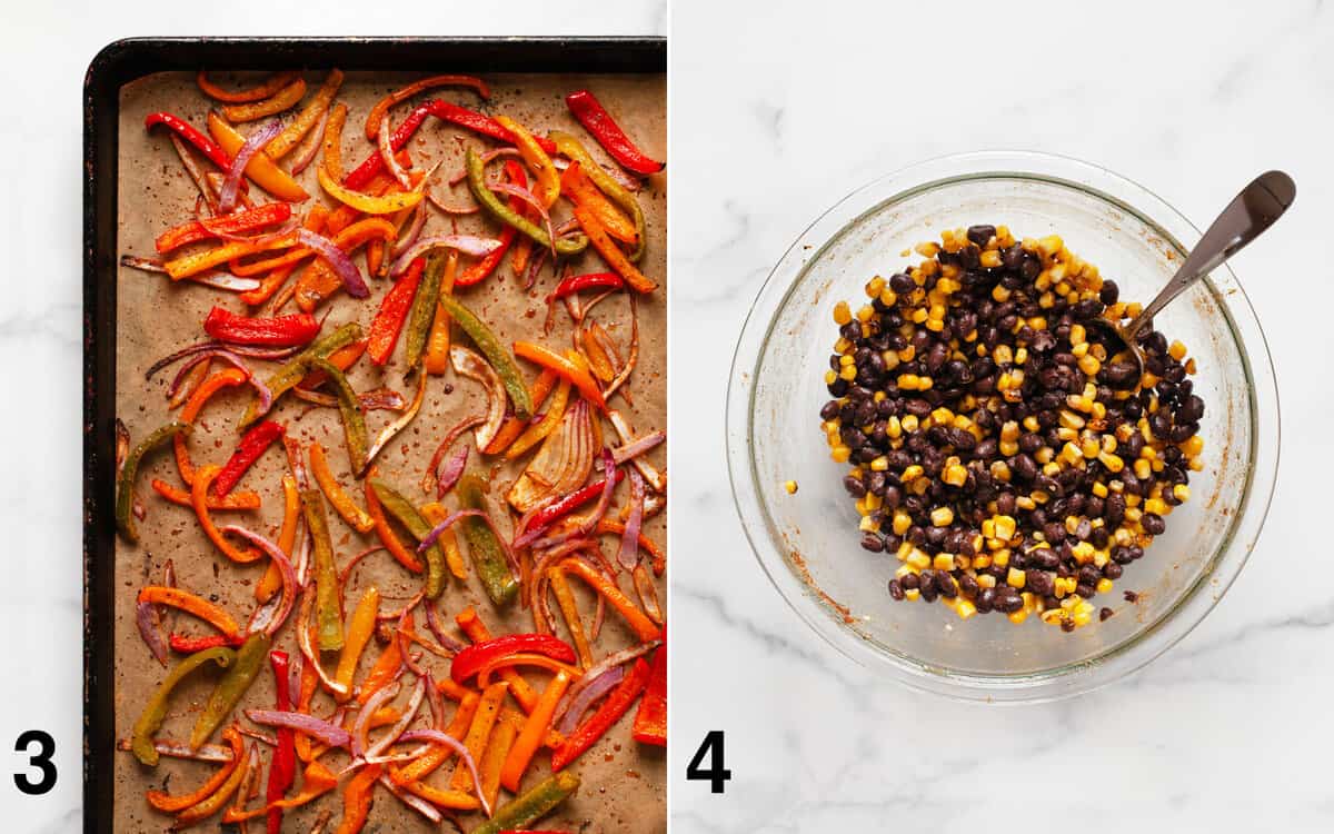 Roasted peppers and onions on a sheet pan. Beans and corn stirred in a large bowl.