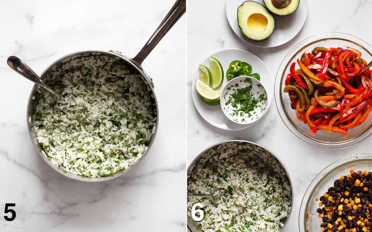 Cilantro lime rice in a pot. Components for fajita bowls ready to be assembled.