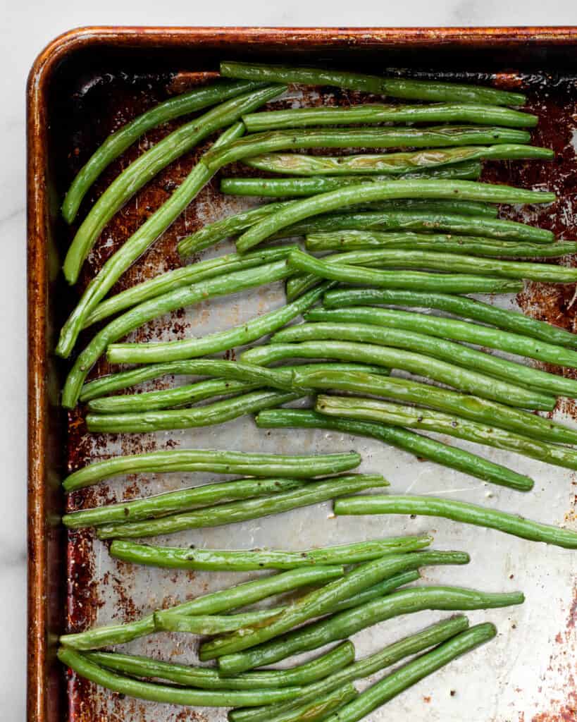 Roasted green beans on a sheet pan