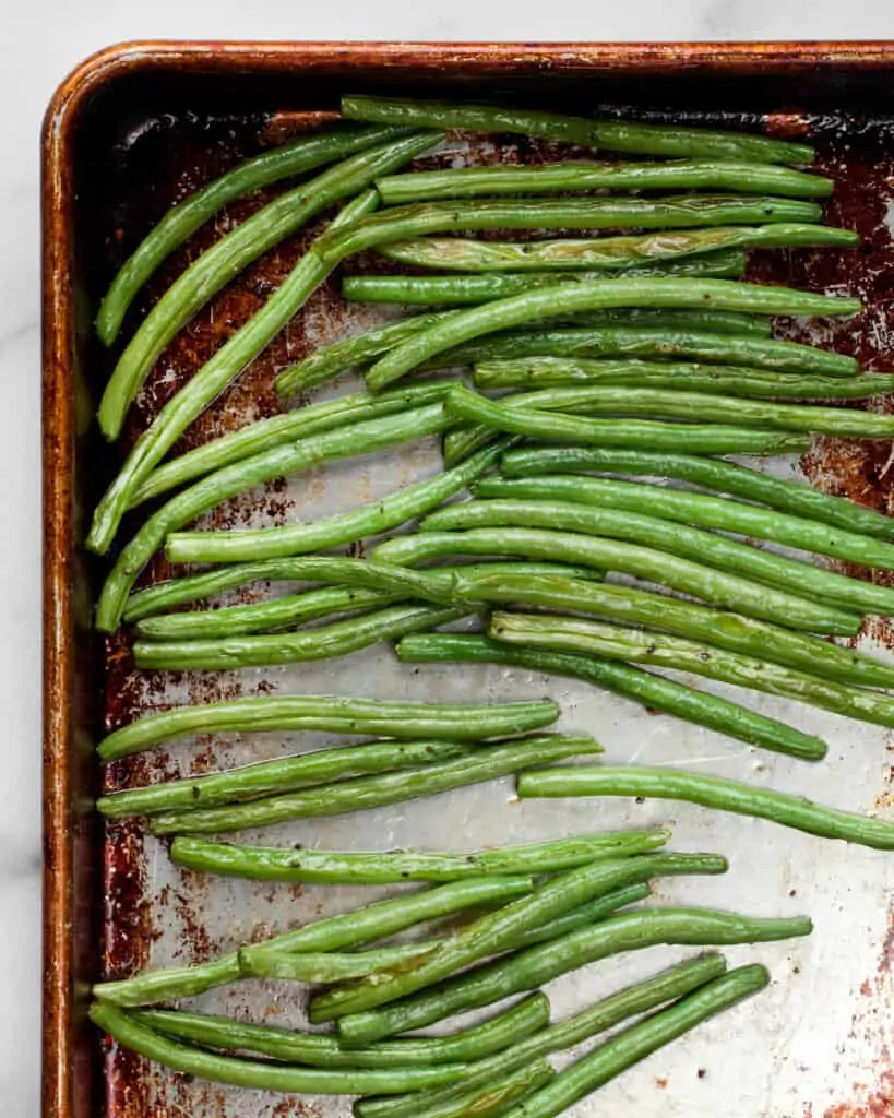 Roasted green beans on a sheet pan