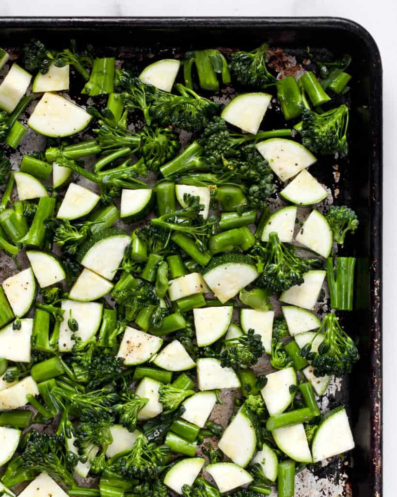 Broccolini and zucchini on a sheet pan