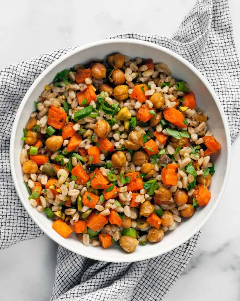 Farro with crispy chickpeas and roasted carrots