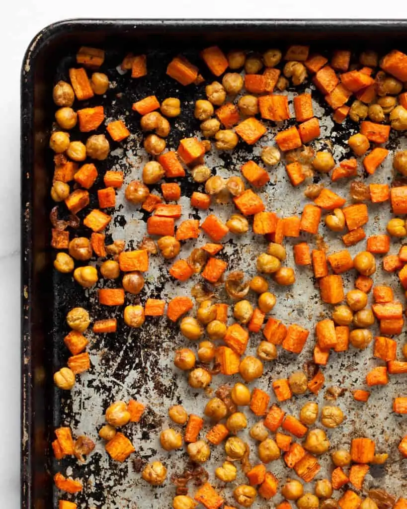 Roasted carrots and chickpeas on a sheet pan