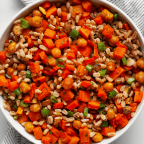 Roasted carrot chickpea farro in a bowl.