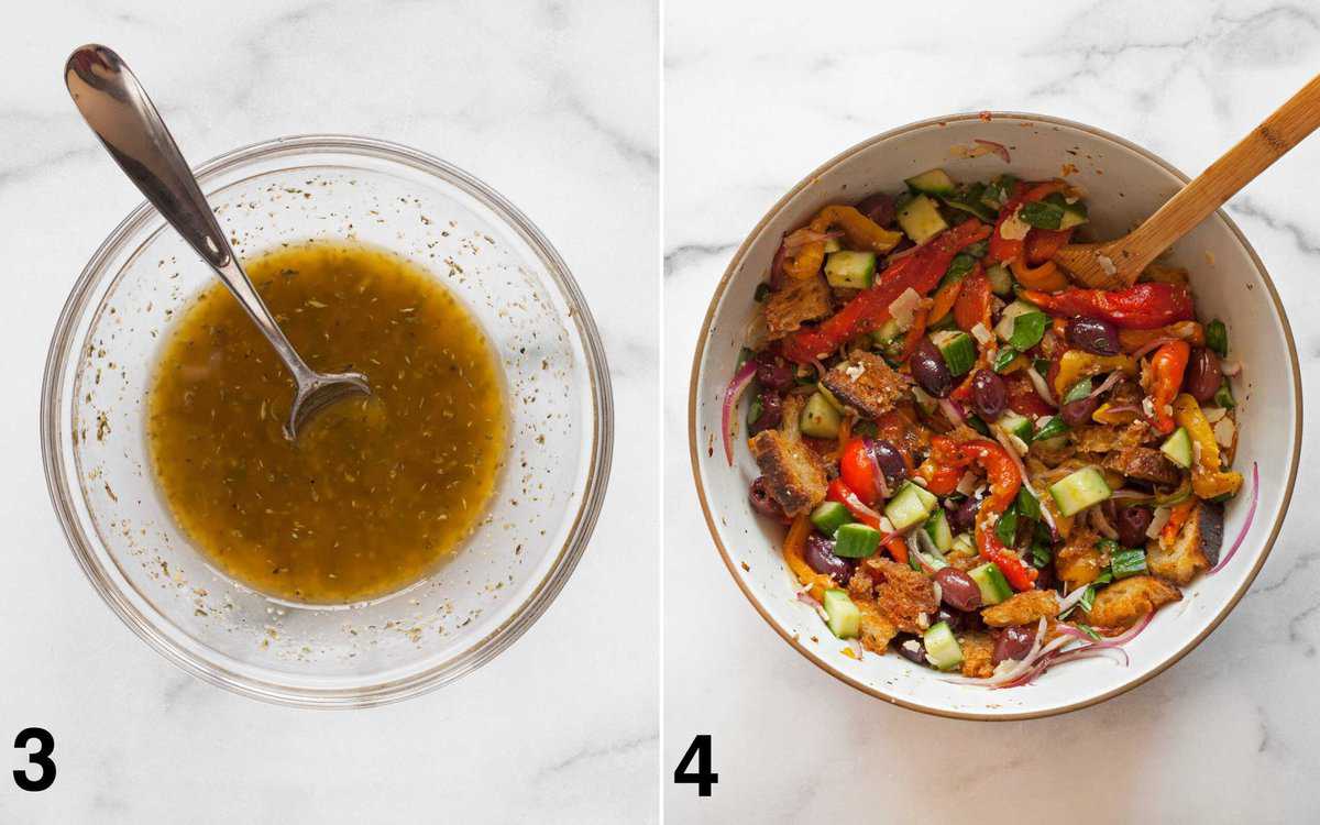 Italian vinaigrette in a small bowl. Pepper salad mixed together in a large bowl.