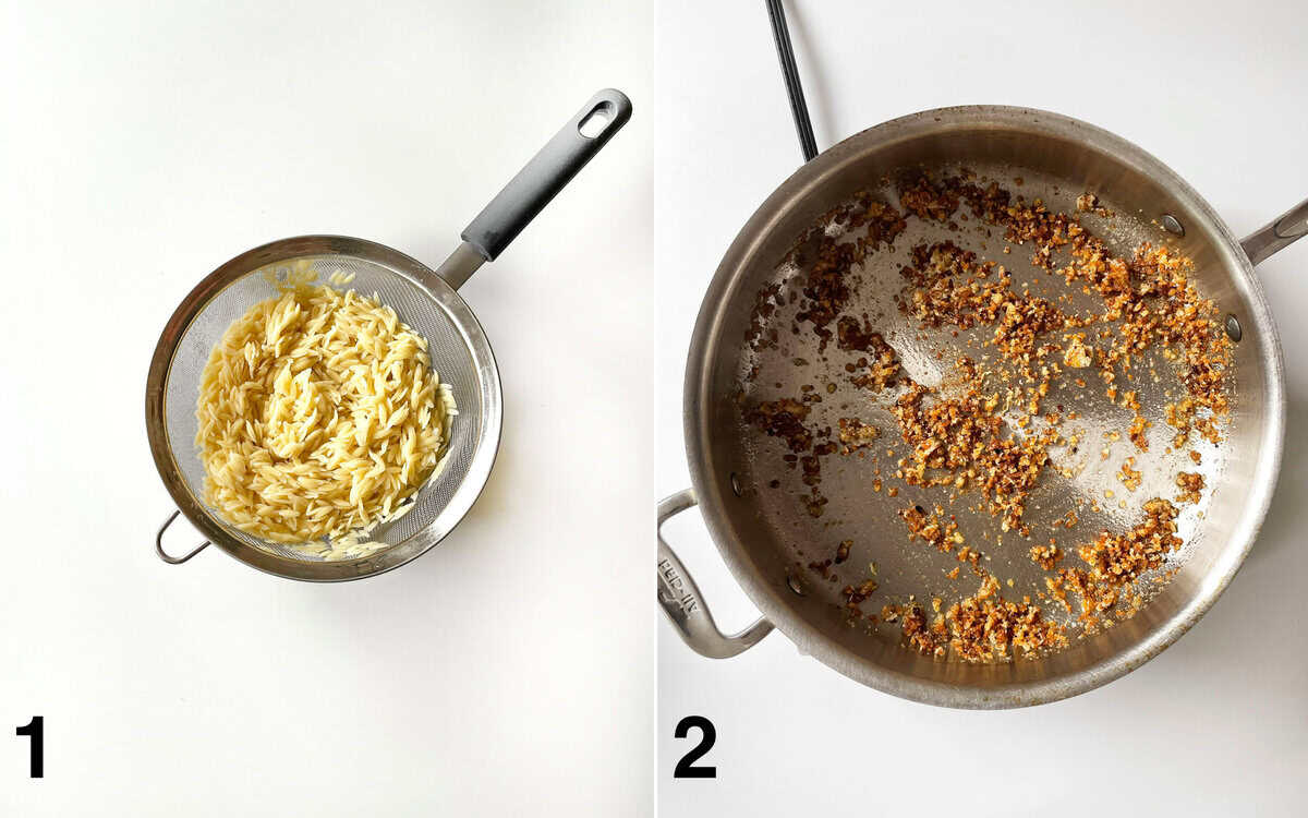 Cooked orzo in a strainer. Breadcrumbs browning in a skillet.