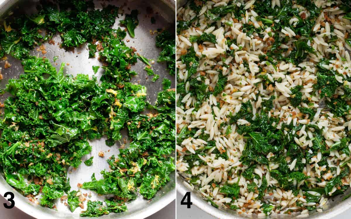 Add the kale, lemon zest and juice and continue cooking on the skillet. Then stir in the orzo, pecorino and parsley.