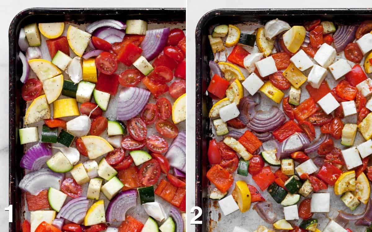 Mediterranean vegetables on a sheet pan before and after they are first roasted. Then halloumi is added to the pan.