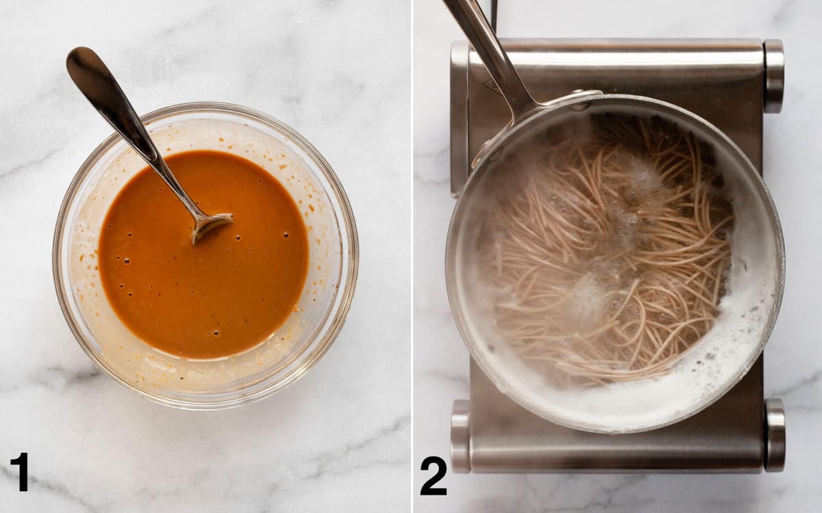 Tahini gibber dressing stirred in a small bowl. Soba noodles cooking in a pot of boiling water.