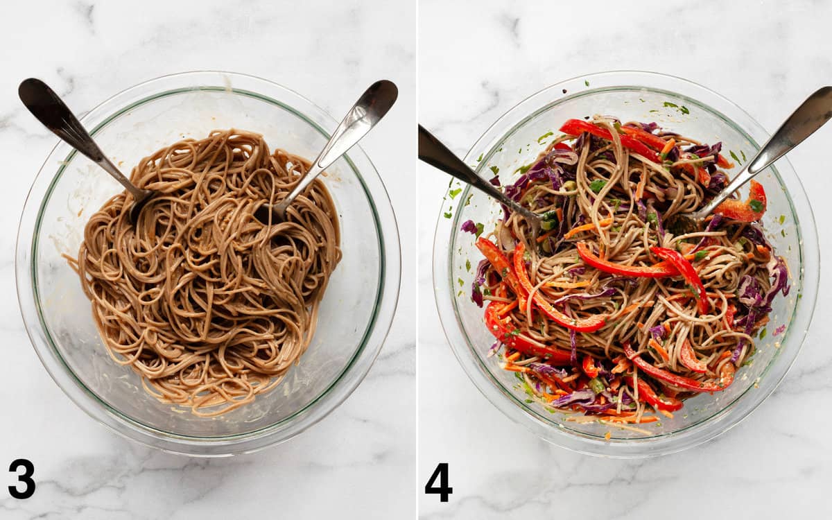 Tahini dressings tiered into noodles in a bowl. Cabbage, carrots and peppers stirred into noodles.
