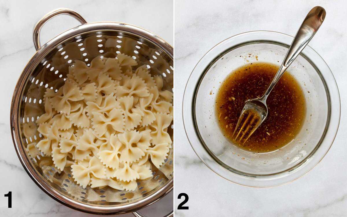 Farfalle in a colander. Balsamic vinaigrette in a bowl.