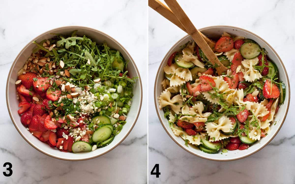 Pasta salad ingredients in a bowl. Pasta salad stirred together.