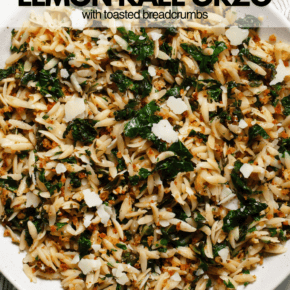 Lemon kale orzo on a plate.