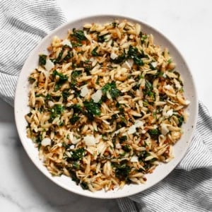 Lemon kale orzo on a plate.