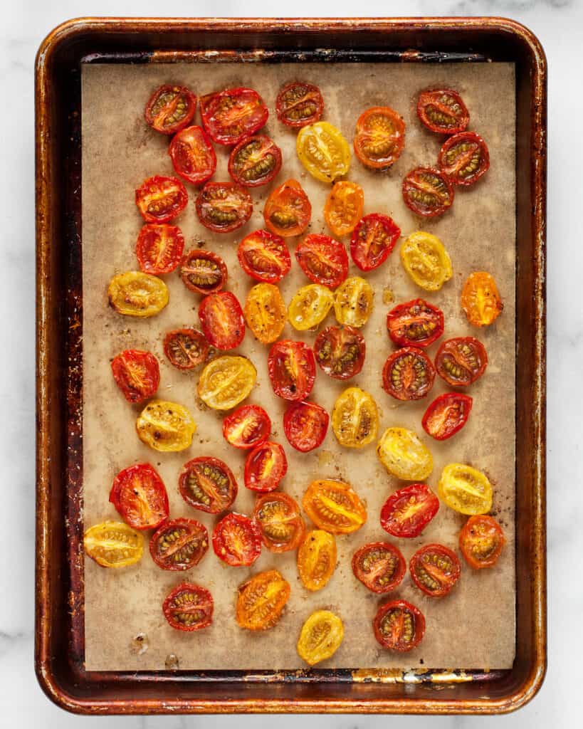 Roasted tomatoes on sheet pan