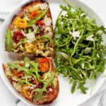 Pesto Eggs with Roasted Tomatoes with a salad